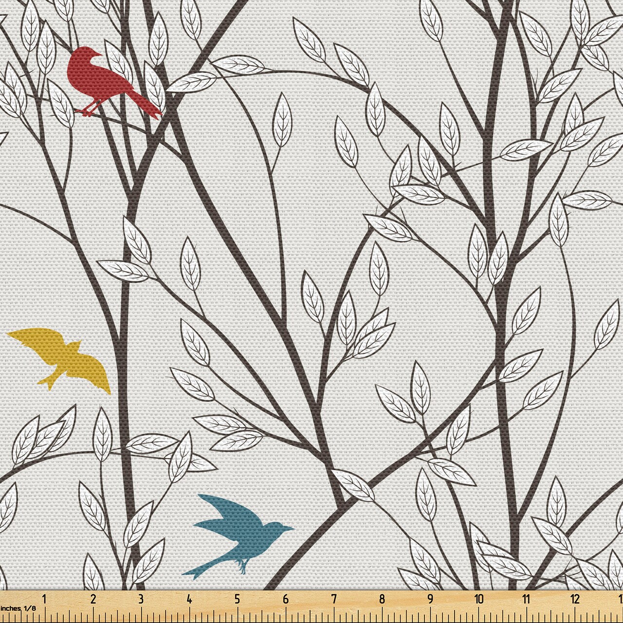 Ambesonne Nature Fabric by the Yard, Birds Wildlife Cartoon Like Image with Tree Leaf Art Print, Decorative Fabric for Upholstery and Home Accents, Mustard Maroon